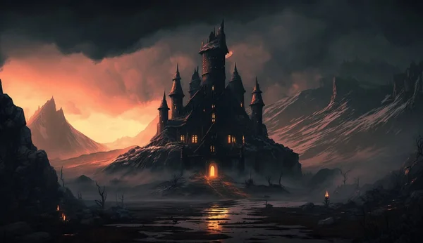 halloween dark castle with cloudy and foggy wallaper