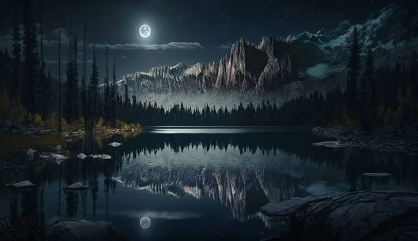 night scene in the river with moonlight, mountain and trees