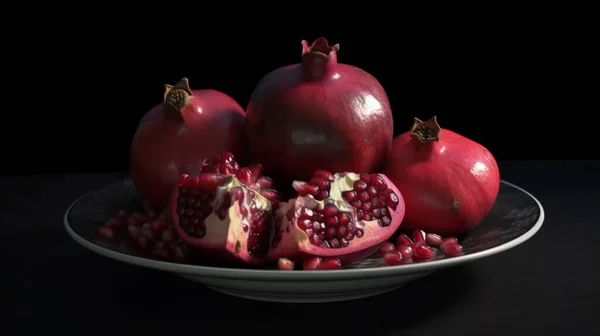Red juice pomegranate on dark background. Ripe pomegranate fruit on wooden vintage background