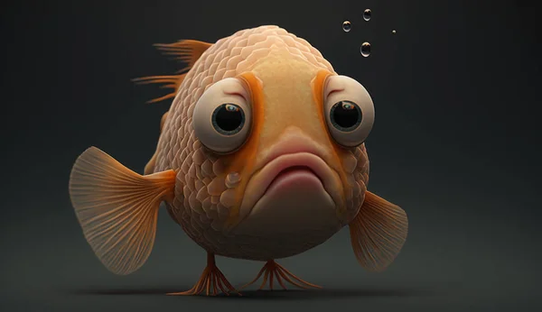 sad fish. 3d cartoon character of a spherical goldfish with big bulging eyes floating in the air