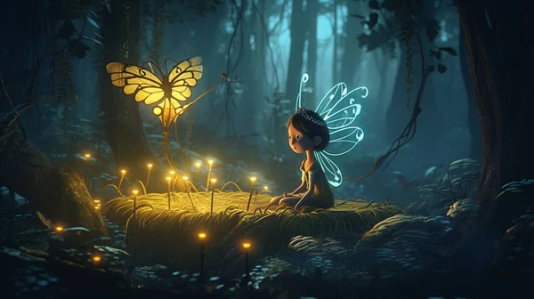 The 3d cartoon fairy\'s glowing aura illuminated the forest\'s dark corners, casting a warm and inviting light for all who entered 3