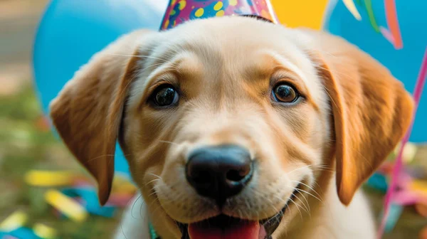 Happy dog celebrating birthday or carnival wearing party hat