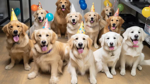 Group of puppies celebrating new year birth day together
