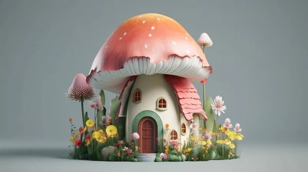 Fairy mushroom house 3D illustration. Flower and mushroom fantasy homes for gnomes. Fairytale