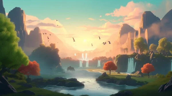 Fantastic fairy tale background. Illustration of a mountain dawn landscape with waterfalls and birds