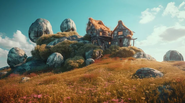 Old ruined fantasy house on a meadow among rocks. Fantasy rock in the meadow with houses