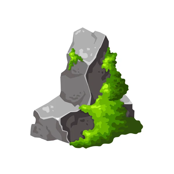 绿色苔藓的灰色石头 森林的要素 自然之山的岩石 用于设计的巨石游戏标志 在白色背景上孤立的向量图 — 图库矢量图片