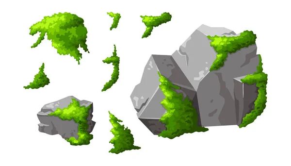 用苔藓安置森林岩石 卡通片中灰色的石头碎了 孤立的游戏元素 山体部分的自然设计形态 白色背景的矢量说明 — 图库矢量图片