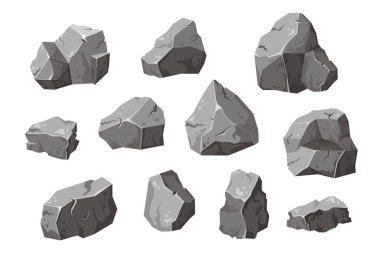Stones 'u sağlam doğal yapı malzemesi yap. Manzara elementi. Kömür siyah mineral kayası. Çakıl taşları, gri yığın izole vektör çizimi.