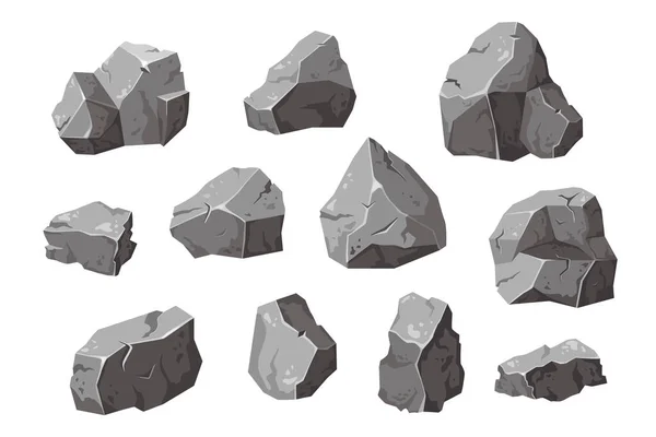设置石材坚实的天然建筑材料 景观元素 煤黑矿岩 碎石卵石 灰堆隔离向量图解 — 图库矢量图片