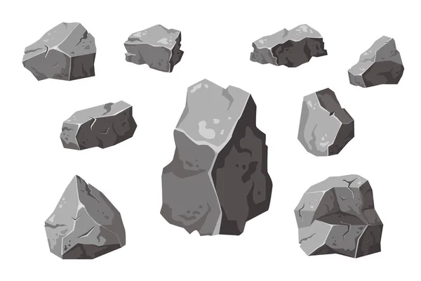 设置不同巨石的卡通岩石 各种形状的石头 沉重的鹅卵石 花岗岩鹅卵石 天然建筑块 矢量说明 — 图库矢量图片