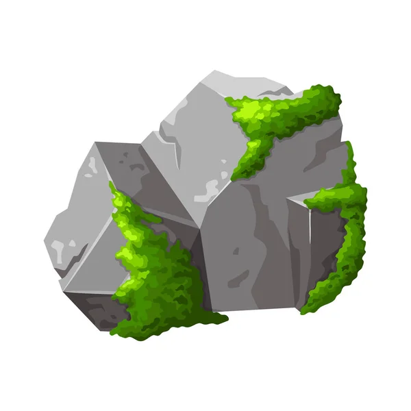 绿色苔藓的灰色石头 森林的要素 自然之山的岩石 用于设计的巨石游戏标志 在白色背景上孤立的向量图 — 图库矢量图片