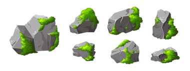 Orman kayalarını yosun ile kaplayın. Çizgi filmde kırılan gri taş. Dağ, doğal tasarım şeklinin bir parçası. Vektör illüstrasyonu.