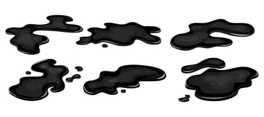 Set of Spill of black oil puddle industry. Stain ink drop of petrol liquid shape. Vector cartton illustration. clipart