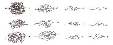 Basit ve karmaşık bir yol. Karalama yazma, kaos zihniyeti. Sorun çözme, zor satır. Vektör el çizilmiş konsept yolu.