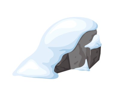 Karda taş ve kaya. Çizgi filmdeki karlı dağlar, kışın taş yığınları. Kaya ve inşaat malzemeleri. Vektör illüstrasyonunda buz çağı.