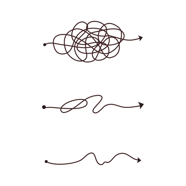 简单的线条和复杂的容易的方法 乱糟糟的乱糟糟的思想 问题的解决 困难的路线 矢量手绘概念路径 — 图库矢量图片
