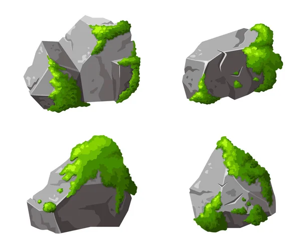 Set Hutan Batu Dengan Lumut Batu Abu Abu Dicetak Dalam - Stok Vektor