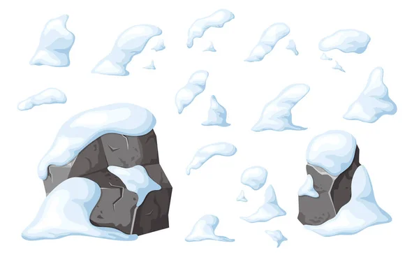 雪の中で石や岩のセット Uiデザインゲームのための要素 漫画の雪の山 冬の岩のヒープ 岩や建築材料 ベクトル図の氷河期 — ストックベクタ