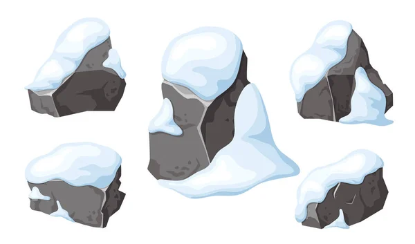 雪の中で石や岩のセット 漫画の雪の山 冬の岩のヒープ 岩や建築材料 ベクトル図の氷河期 — ストックベクタ