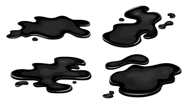 Set Spill Black Oil Puddle Industry Stain Ink Drop Petrol — Stock Vector