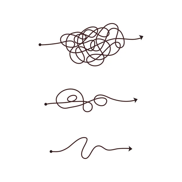 简单的线条和复杂的容易的方法 乱糟糟的乱糟糟的思想 问题的解决 困难的路线 矢量手绘概念路径 — 图库矢量图片