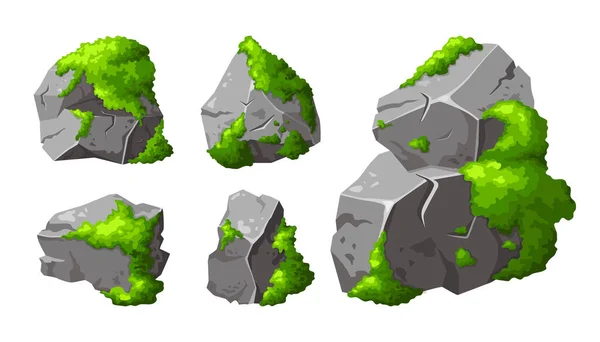 Establecer Piedras Grises Con Musgo Verde Elemento Del Bosque Roca — Archivo Imágenes Vectoriales