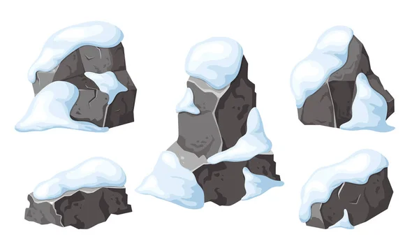 成堆的石头和岩石在雪地里 漫漫中的雪山 冬天的大石头堆积如山 巨石和建筑材料 矢量图解中的冰川期 — 图库矢量图片