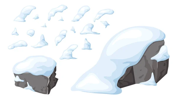 成堆的石头和岩石在雪地里 Ui设计游戏的元素 漫漫中的雪山 冬天的大石头堆积如山 巨石和建筑材料 矢量图解中的冰川期 — 图库矢量图片