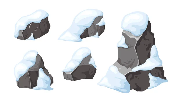 雪の中で石や岩のセット 漫画の雪の山 冬の岩のヒープ 岩や建築材料 ベクトル図の氷河期 — ストックベクタ