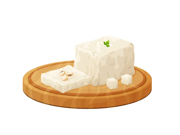 Tofu Auf Holzbrett Sojabohnen Oliven Zusammensetzung Von Aufgeschnittenen Feta Cartoon — Stockvektor