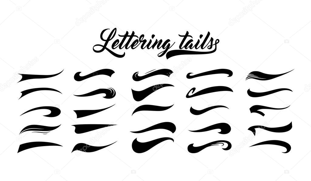 Calligraphic swoosh tail set, underline marker strockes. Sport logo typography elements. Texting letters tail for lettering or baseball club. Vector illustration.