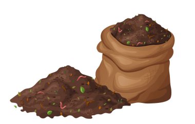 Organic soil heap for compost, garden recycling natural garbage. Earth worms and biodegradable trash. Vector illustration.