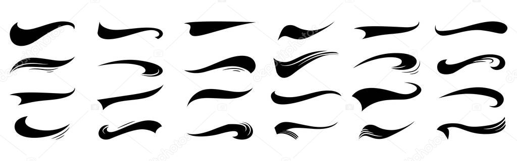Calligraphic swoosh tail set, underline marker strockes. Sport logo typography elements. Texting letters tail for lettering or baseball club. Vector illustration.