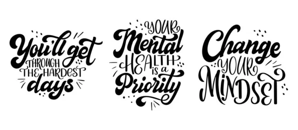 Set Mental Health Quote Hand Drawn Lettering Style Positive Typography — Vector de stock