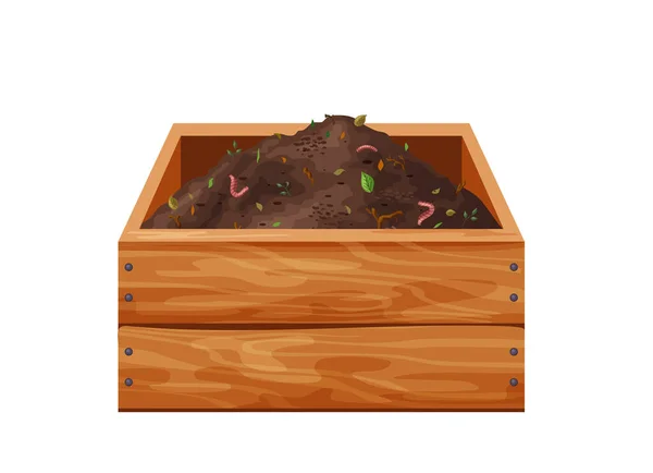 Organic Soil Heap Compost Wooden Box Garden Recycling Natural Garbage — Stock Vector