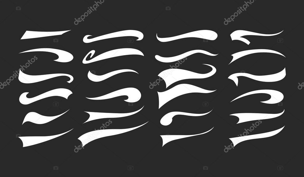 Calligraphic swoosh tail set, underline marker strockes. Sport logo typography elements. Texting letters tail for lettering or baseball club. Vector illustration.