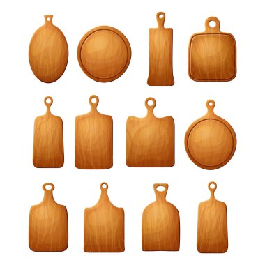 Pirzola, pizza ve et için tahta kesme seti. Mutfak çizgi filmi eski bir kalkan. Beyaz arkaplanda izole edilmiş gıdalar için taşıyıcı kalas.