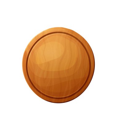 Pirzola, pizza ve et için tahta kesiyorum. Mutfak çizgi filmi eski bir kalkan. Beyaz arkaplanda izole edilmiş gıdalar için taşıyıcı kalas.