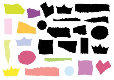 Yırtılmış ve kesilmiş kağıt, sivri uçlu çıkartma parçası. Zigzag kenarlı siyah bir şekil. Beyaz arkaplanda izole nesneler vektörü.