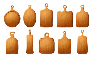 Pirzola, pizza ve et için tahta kesme seti. Mutfak çizgi filmi eski bir kalkan. Beyaz arkaplanda izole edilmiş gıdalar için taşıyıcı kalas.