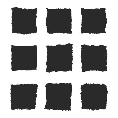 Çentikli yırtık kağıt takımı. Siyah şekilli deşici ve striptizci. Doku grunge element koleksiyonu. Vektör illüstrasyonu.