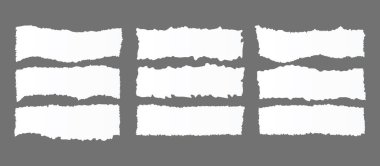 Çentikli yırtık kağıt takımı. Siyah şekilli deşici ve striptizci. Doku grunge element koleksiyonu. Vektör illüstrasyonu.