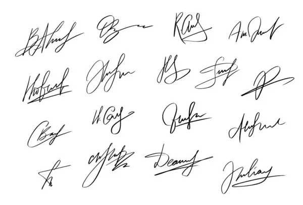 Handstil Autograf Set Personlig Fiktiv Signatur Kalligrafi Bokstäver Kryp Låtsasnamn Stockvektor