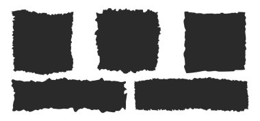 Çentikli yırtık kağıt takımı. Siyah şekilli deşici ve striptizci. Doku grunge element koleksiyonu. Vektör illüstrasyonu.