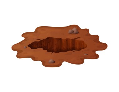 Karikatürde toprak ve taşlarla dolu bir çukur. Kirli kahverengi yeraltı kazısı ya da benimki, oyuk, yığın. Vektör illüstrasyonu beyaz arkaplanda izole edildi.