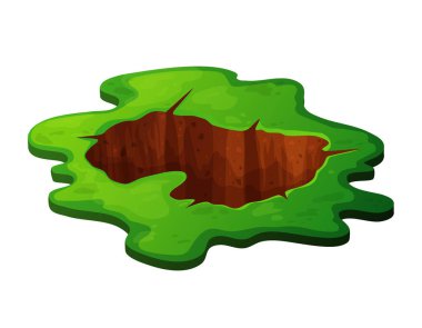 Çizgi filmdeki çukur çukurunda taşlar ve yeşil çimenler vardı. Kirli kahverengi yeraltı kazısı ya da benimki, oyuk, yığın. Vektör illüstrasyonu beyaz arkaplanda izole edildi.