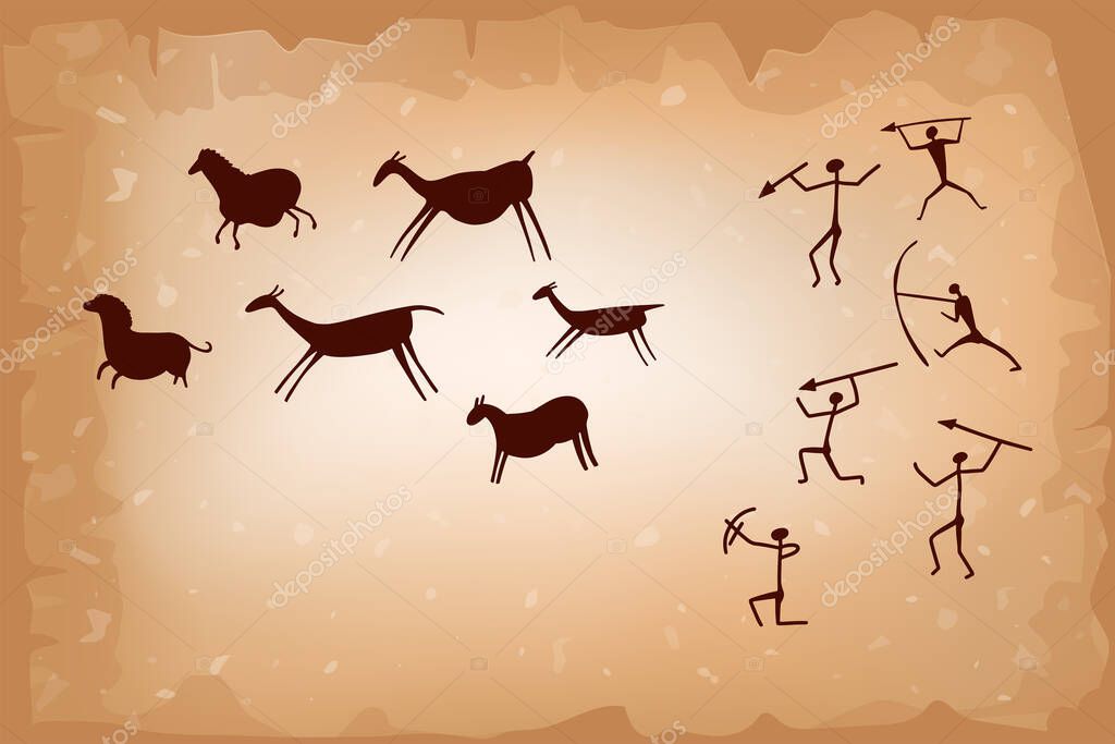 Cave silhouettes of early humans, accompanied by horses, deer, and bulls, captured in the style of ancient rock paintings. Prehistoric drawing on walls, ancient symbols in vector illustration