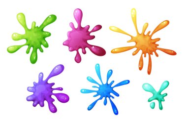 Damlayan sümük seti, çizgi film elementleri. Renkli noktalı mürekkep şekli. Beyaz arka planda izole edilmiş jöle mukus lekeleri. Vektör illüstrasyonu.