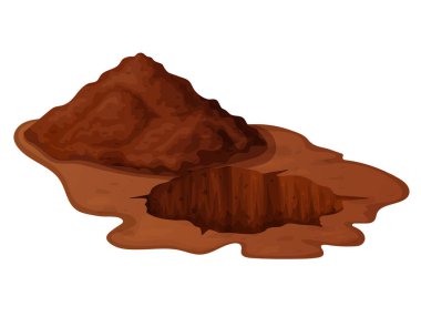 Çimen ve taşlarla dolu derin bir çukur. Kahverengi toprak, büyük çatlaklar ve kalıntılar. Kum kömürü atığı kazmak. Çizgi film tarzında ayrıntılı çizim. Vektör illüstrasyonu beyaz arkaplanda izole edildi.